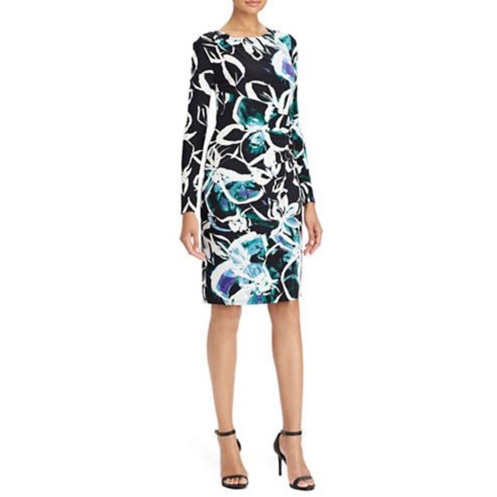 Ralph Lauren 8 LRL Stretchy Ruched Black Floral Long Sleeve Dress Knee Length - Picture 1 of 13